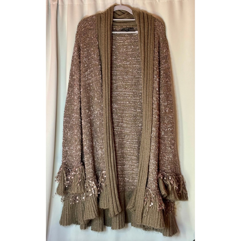 Sioni Woman Taupe Wispy Knit Fringe Open Front Boho Cardigan 3X Wool Blend